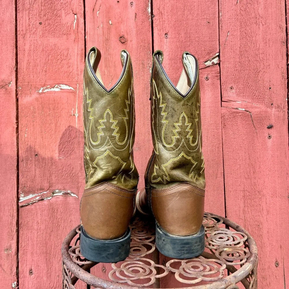 Old West Boots Boys Girls 1.5 D Brown Leather Square Toe Cowboy Western Boots